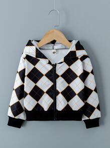 Toddler Girls Plaid Zipper Up Hooded Jacket - Black and White - View 1