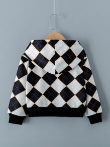 Toddler Girls Plaid Zipper Up Hooded Jacket - Black and White - View 2