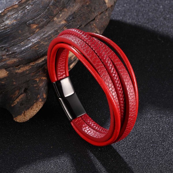 

Men Solid PU Leather Bracelet, Red