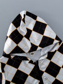 Toddler Girls Plaid Zipper Up Hooded Jacket - Black and White - View 5