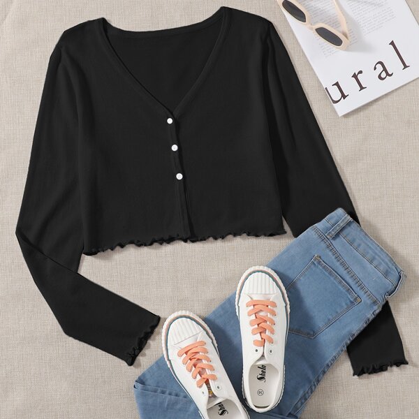 

Solid Button Front Lettuce Trimed Cardigan, Black