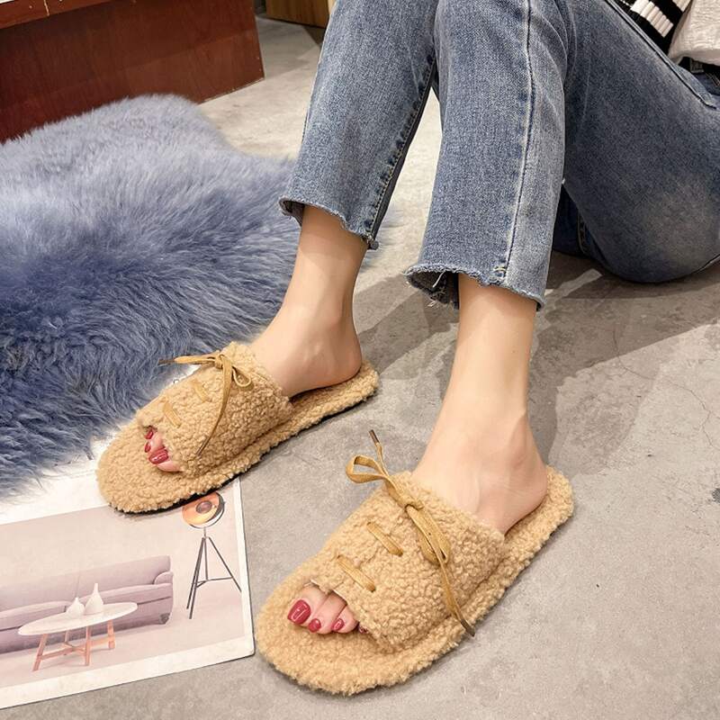 

Fluffy Open Toe Slippers, Khaki