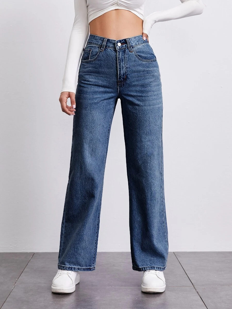Jeans rectos de cintura media - Azul lavado medio - Ver 1