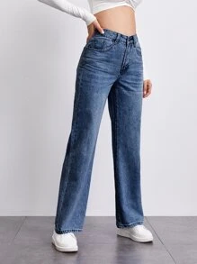 Jeans rectos de cintura media - Azul lavado medio - Ver 3