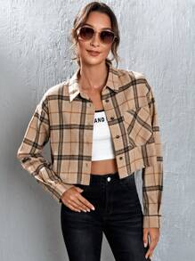 Muchica Plaid Patched Pocket Drop Shoulder Crop Shirt