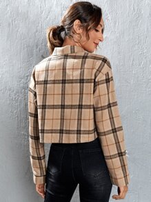 Muchica Plaid Patched Pocket Drop Shoulder Crop Shirt