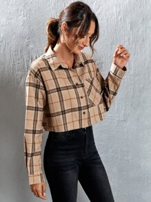 Muchica Plaid Patched Pocket Drop Shoulder Crop Shirt