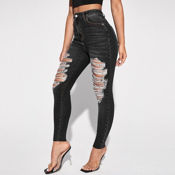 

High Waisted Ripped Skinny Jeans, Black