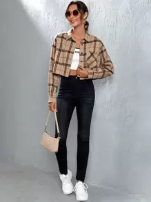 Muchica Plaid Patched Pocket Drop Shoulder Crop Shirt
