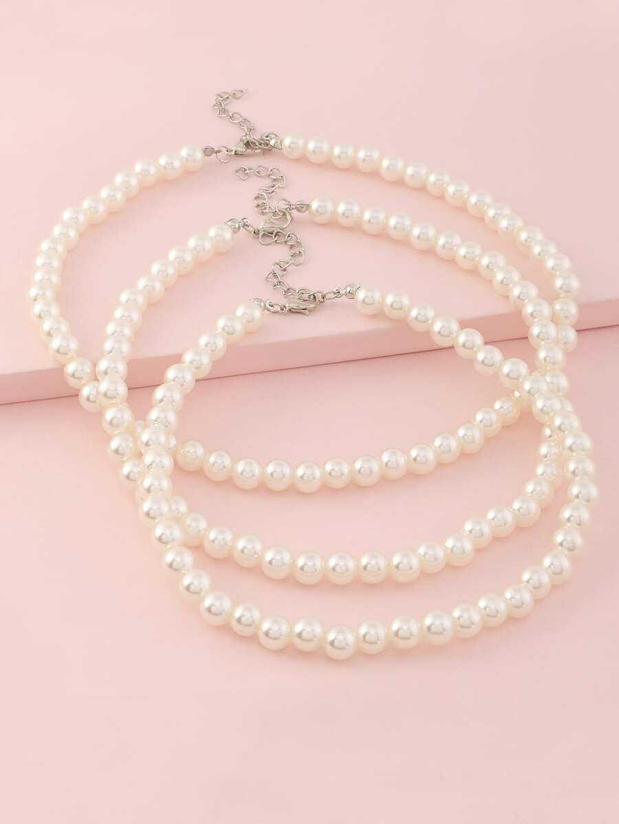 3pcs/Set Girls White Pearl Beaded Necklace Choker Jewelry Set, Suitable For Daily Decoration