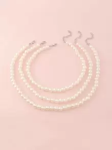 3pcs/Set Girls White Pearl Beaded Necklace Choker Jewelry Set, Suitable For Daily Decoration