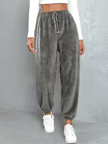 SHEIN EZwear Pantalones unicolor de cintura con cordón de franela - Gris - Ver 1