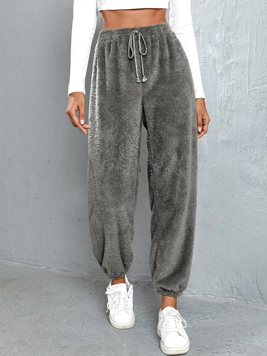 SHEIN EZwear Pantalones unicolor de cintura con cordón de franela - Gris - Ver 1