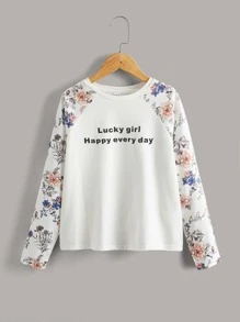 SHEIN Áo thun dệt kim dài tay in họa tiết thường ngày cho bé gái tuổi mới lớn, phù hợp cho mùa hè - trắng - Xem 1