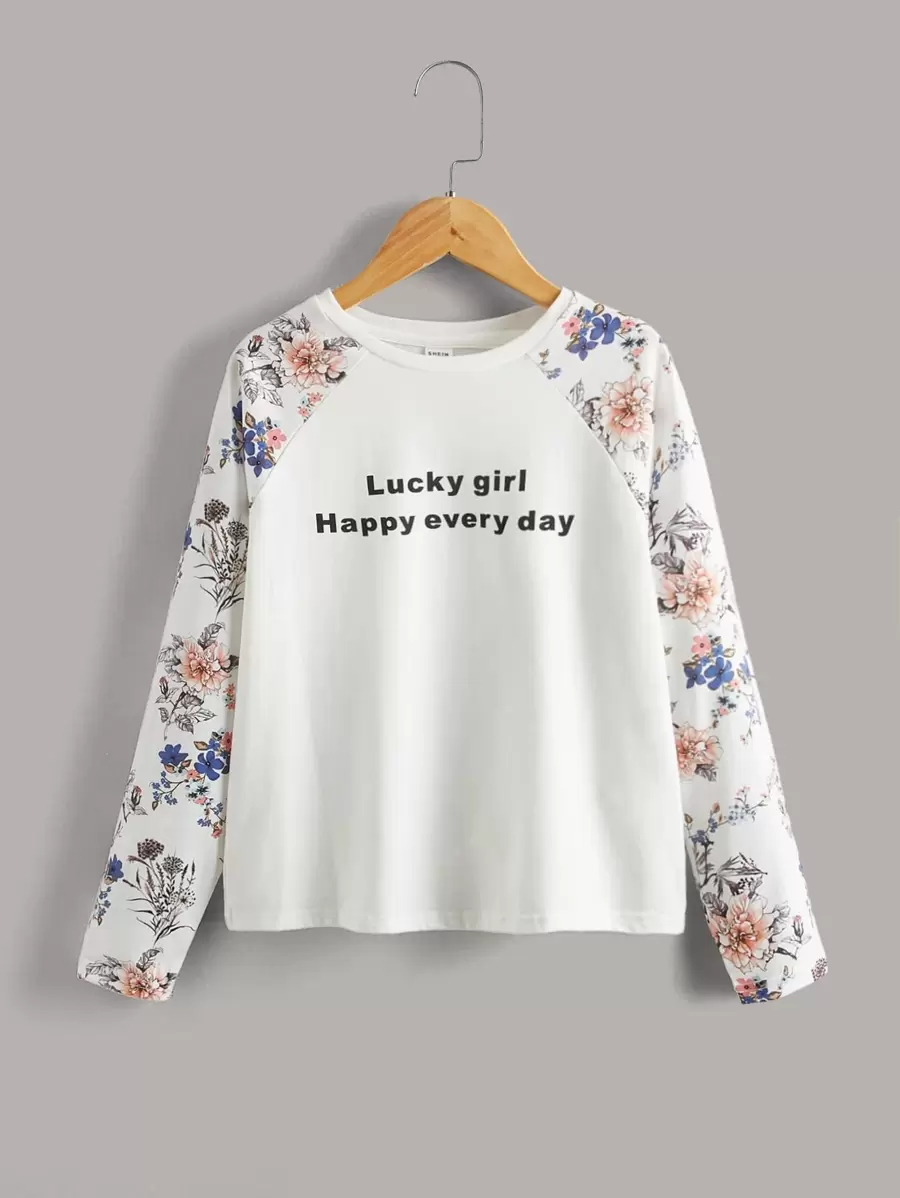 SHEIN Áo thun dệt kim dài tay in họa tiết thường ngày cho bé gái tuổi mới lớn, phù hợp cho mùa hè - trắng - Xem 1