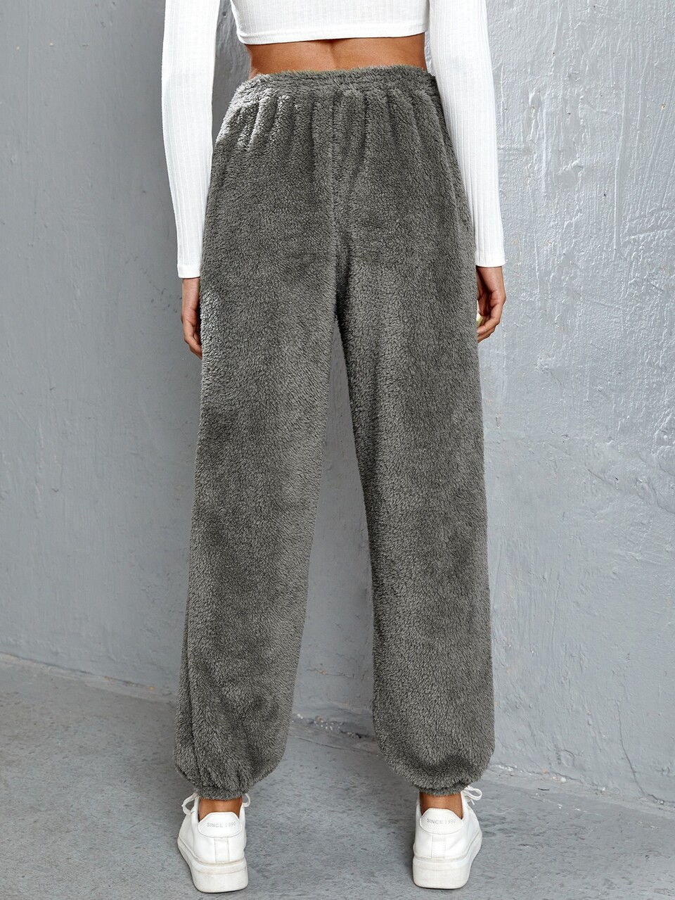 Solid Drawstring Waist Flannel Pants