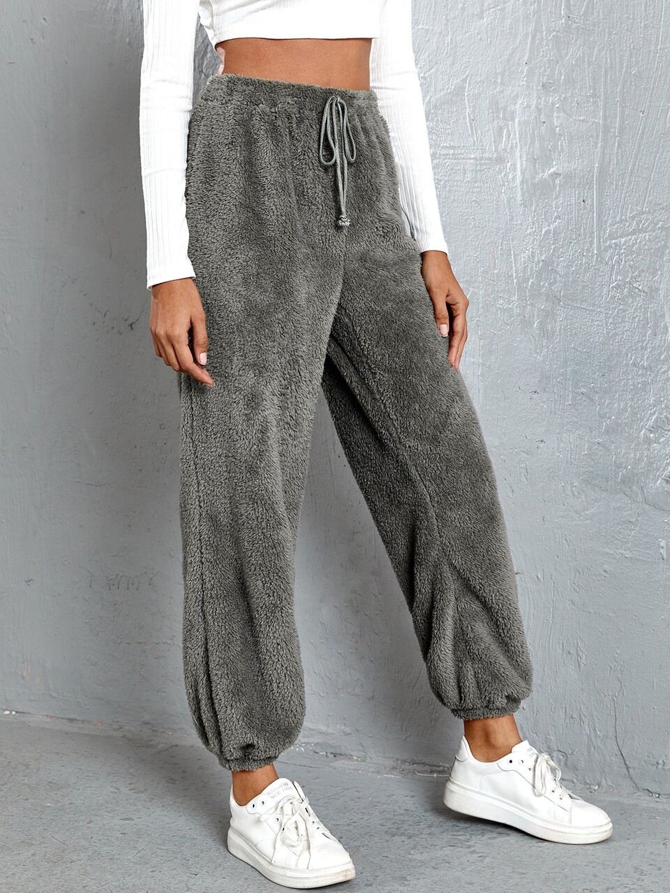 Solid Drawstring Waist Flannel Pants