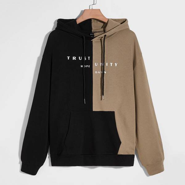 

Men Letter Graphic Two Tone Drop Shoulder Drawstring Hoodie, Multicolor