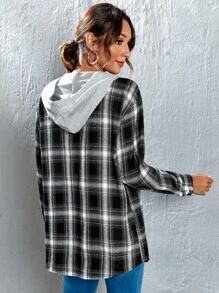 SHEIN Unity Plaid Print Drop Shoulder Drawstring Hooded Blouse - Multicolor - View 2