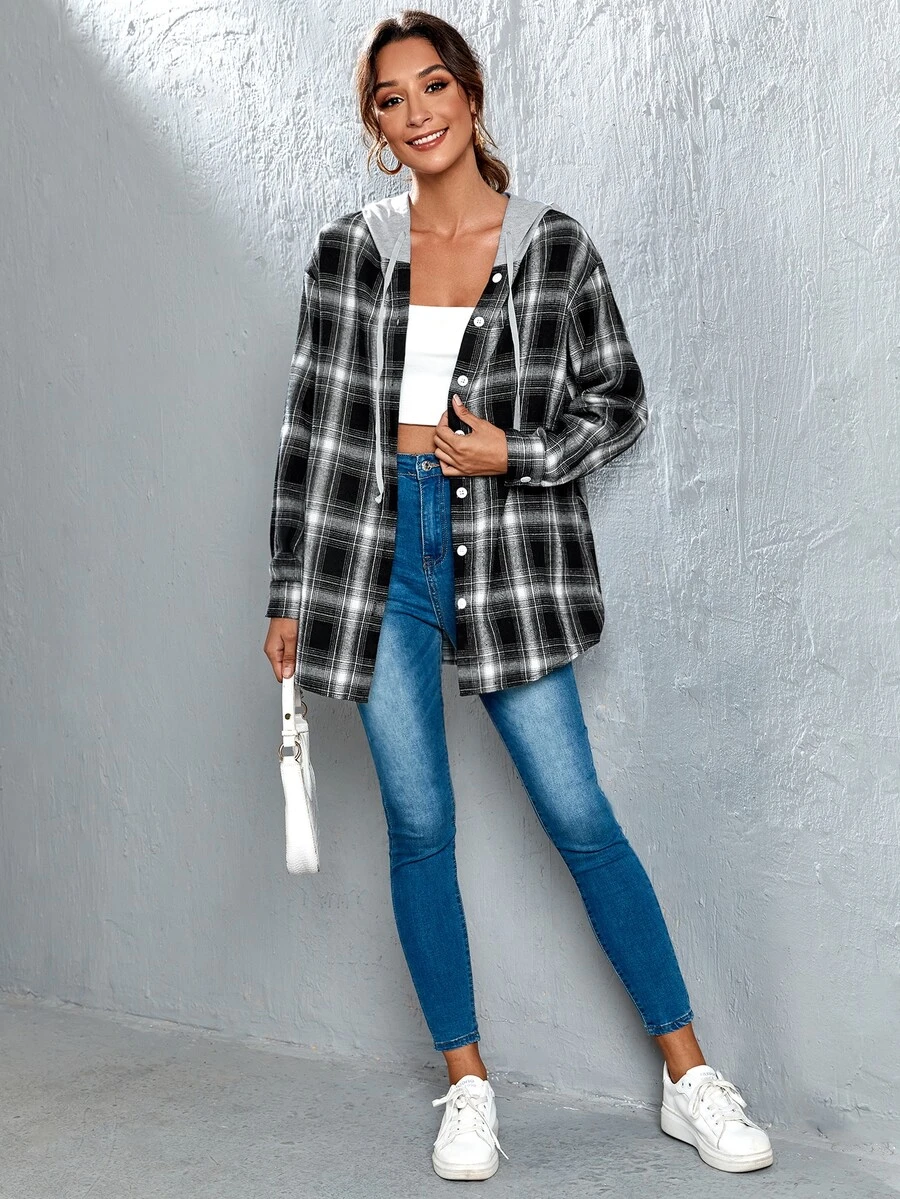 SHEIN Unity Plaid Print Drop Shoulder Drawstring Hooded Blouse - Multicolor - View 1