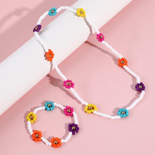 

Toddler Girls Beaded Flower Decor Necklace & Bracelet, Multicolor