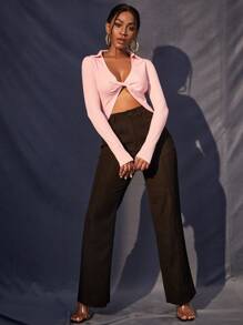 SHEIN BAE Áo thun nữ xoắn lại màu trơn Gợi cảm - Màu Hồng baby - Xem 3