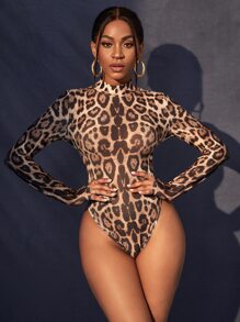 Leopard Print Mock Neck Bodysuit - Multicolor - View 5