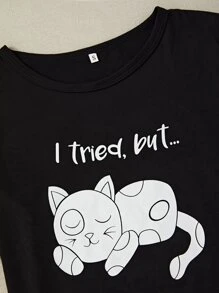 猫咪 & 标语图案 T 恤 & 格子短裤 & 长裤 睡衣套装 / 睡衣套装