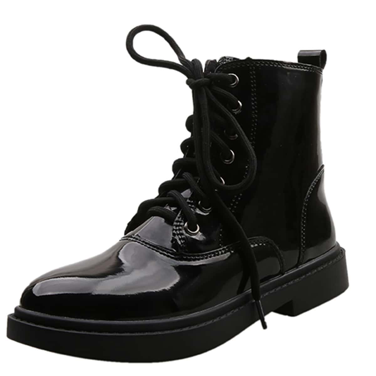 

Patent Leather Lace Up Front Boots, Black