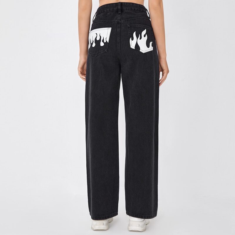 

Fire Graphic Straight Leg Jeans, Black