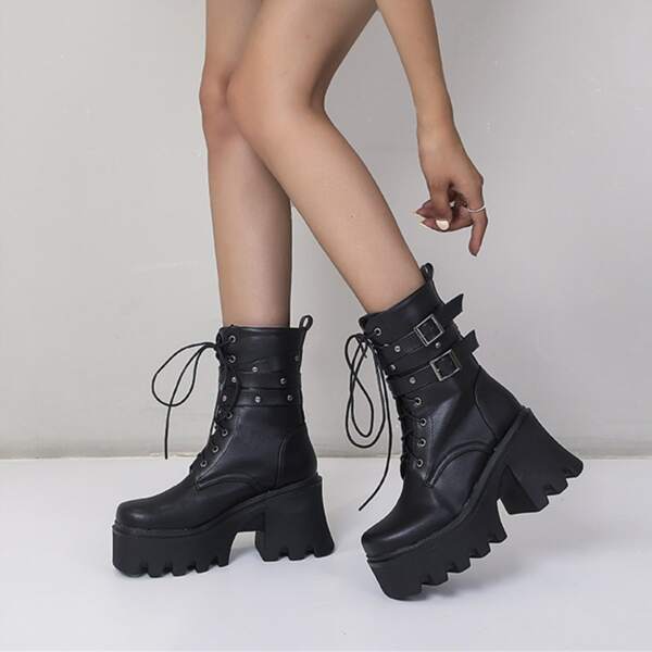 

Buckle Detail Platform Combat Boots, Black