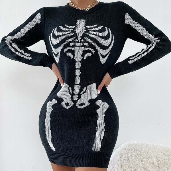 

Skeleton Pattern Bodycon Sweater Dress, Blue and white