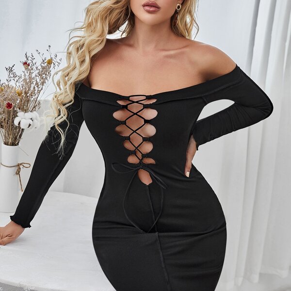 

Cut Out Lace Up Front Off Shoulder Bodycon Dress, Black