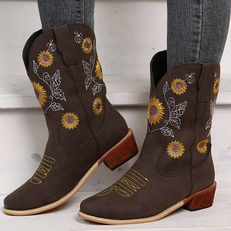 

Flower Graphic Riding Boots, Coffee brown