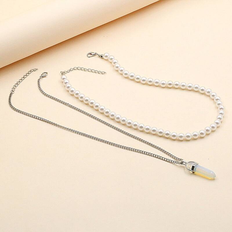 

2pcs Faux Pearl Beaded Necklace, Silver