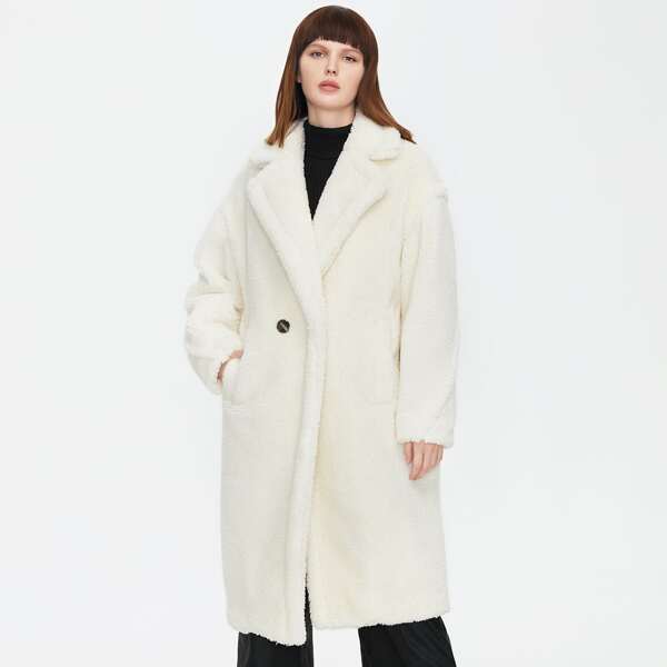 

Drop Shoulder Slant Pocket Teddy Coat, White