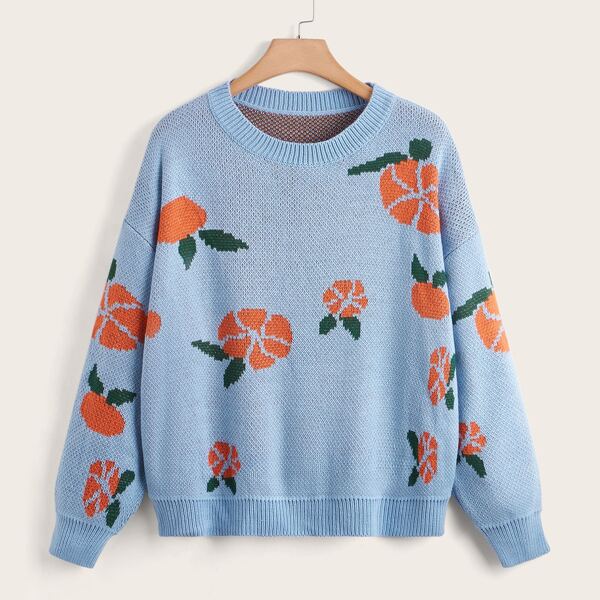 

Plus Floral Pattern Drop Shoulder Sweater, Blue
