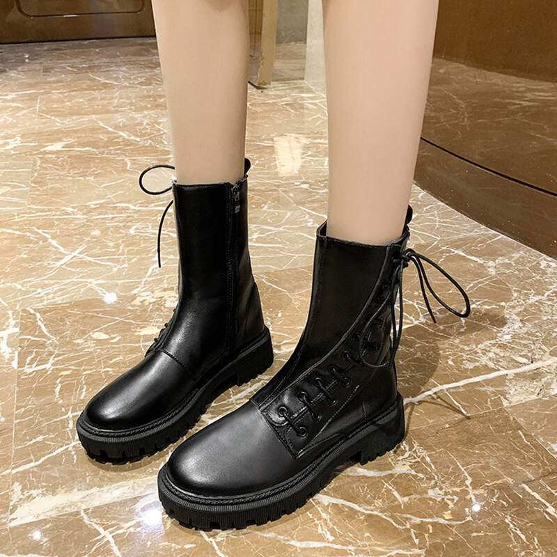 

Side Zipper Lace-up Combat Boots, Black