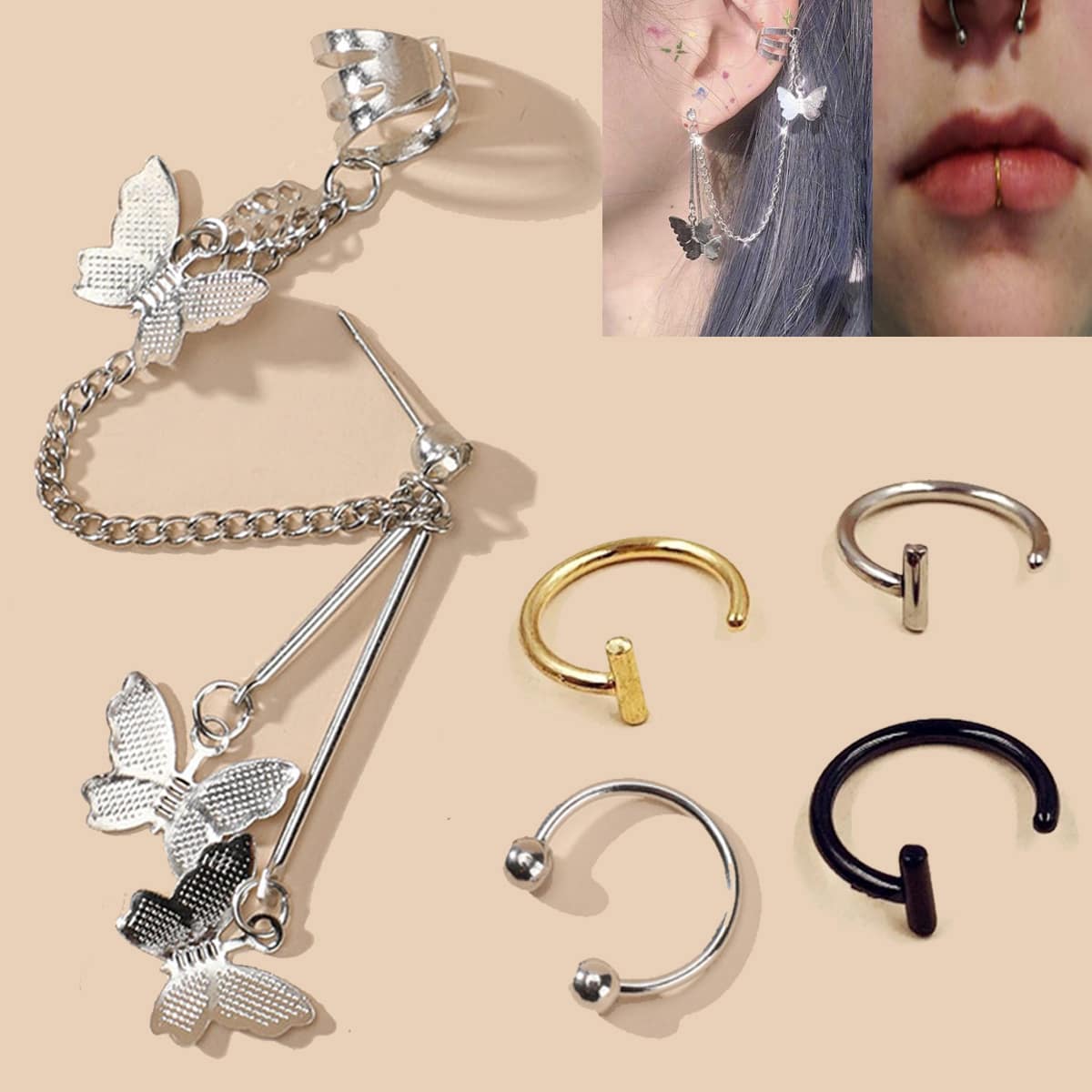 

1pc Butterfly Decor Earring & 4pcs Body Ring, Multicolor
