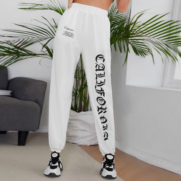 

Slogan Graphic Slant Pocket Sweatpants, White