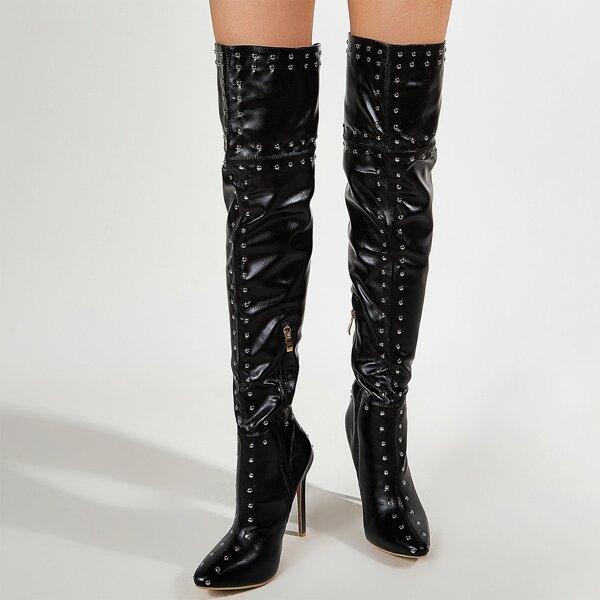 

Studded Decor Side Zipper Stiletto Heeled Boots, Black