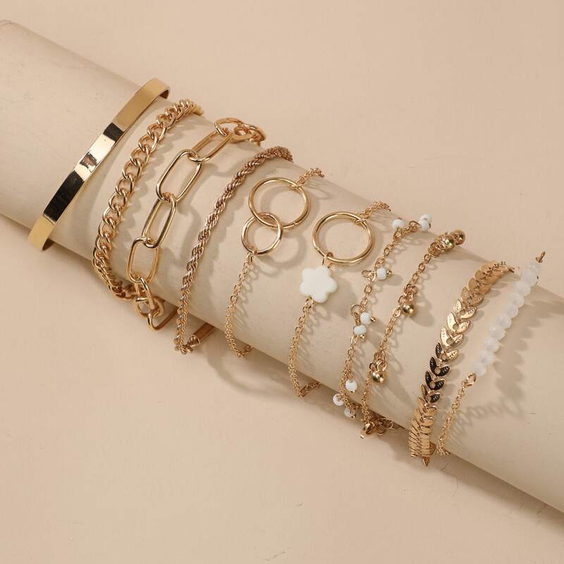 

10pcs Floral Decor Chain Bracelet, Gold
