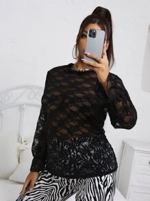 Top fruncido cuello de manga con volante con encaje - Negro - Ver 1