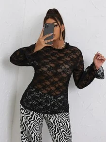 Top fruncido cuello de manga con volante con encaje - Negro - Ver 4