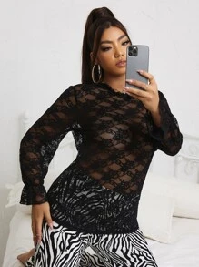 Top fruncido cuello de manga con volante con encaje - Negro - Ver 5