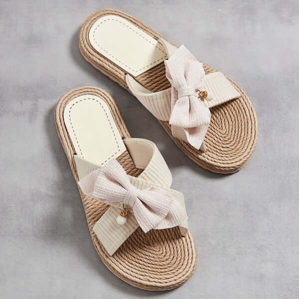 

Bow Decor Crossover Strap Slides, Beige