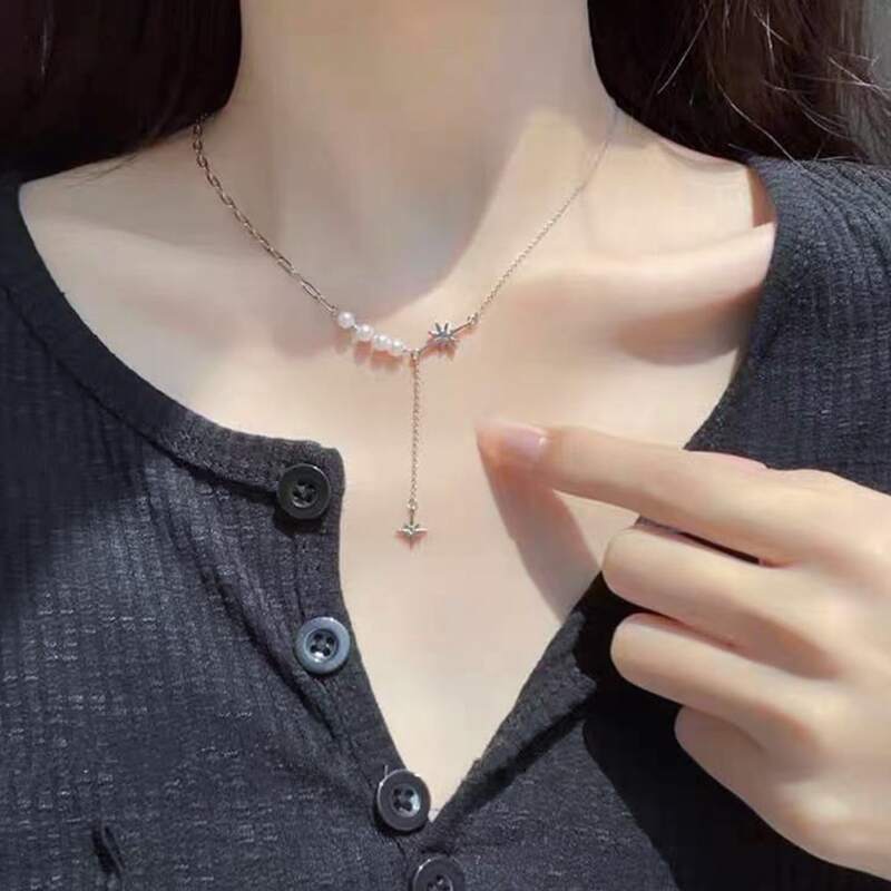 

Faux Pearl Decor Chain Necklace, Silver