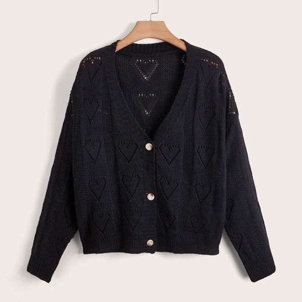 

Plus Heart Knit Drop Shoulder Cardigan, Black