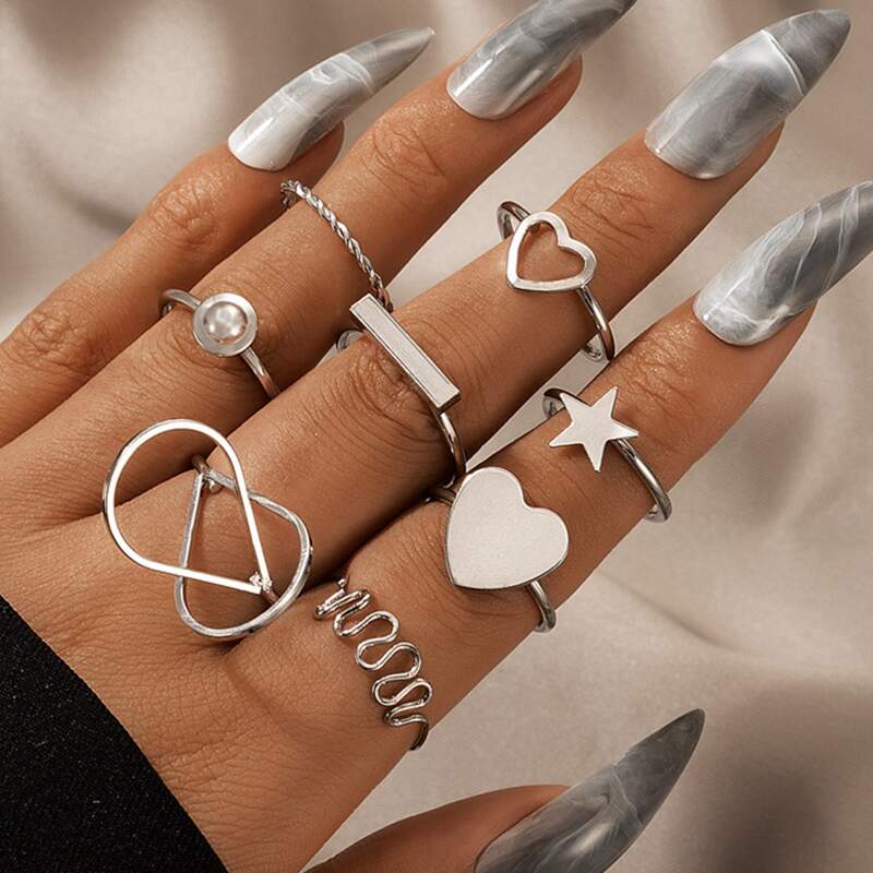 

8pcs Heart Decor Ring, Silver