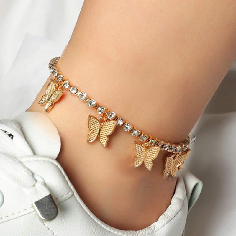 

Rhinestone Decor Butterfly Design Anklet, Gold